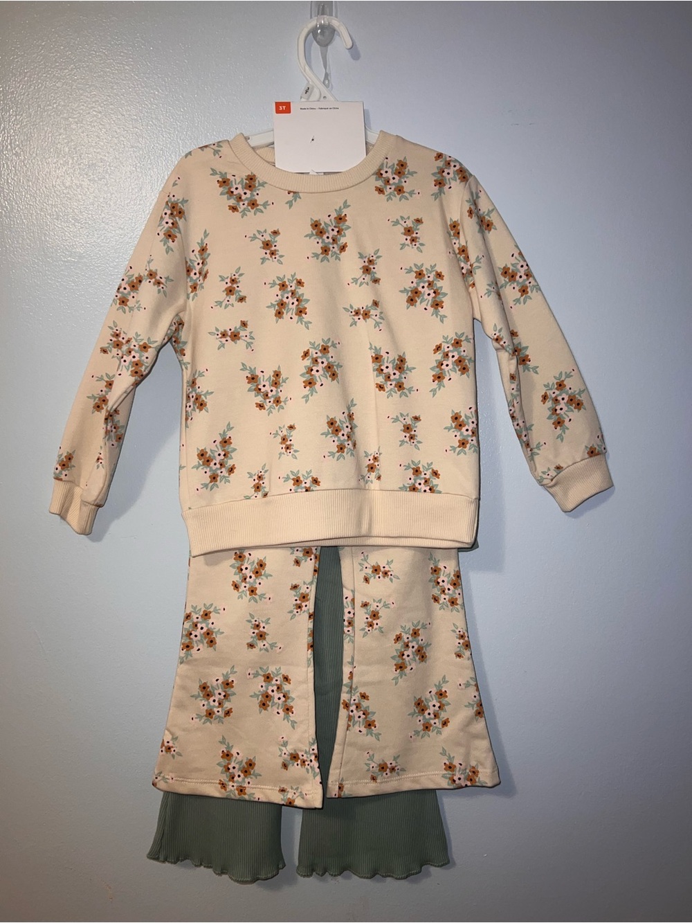 2 Outfit Set, One Cream Color with Floral Pattern and One Sage Green - Size 3T